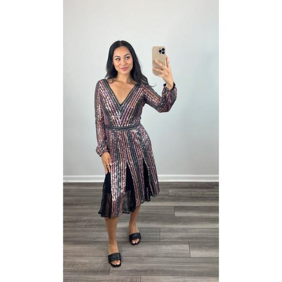 Marchessa Notte Cocktail Dress in Multicolor Striped Size 6 Sequin Lace Panel - Picture 1 of 5